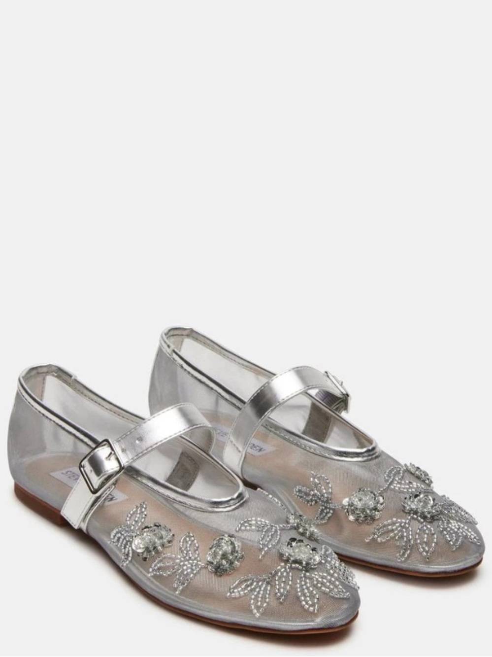 Steve Madden Women’s Dreaming Silver Embellished Mesh Ballet Flats